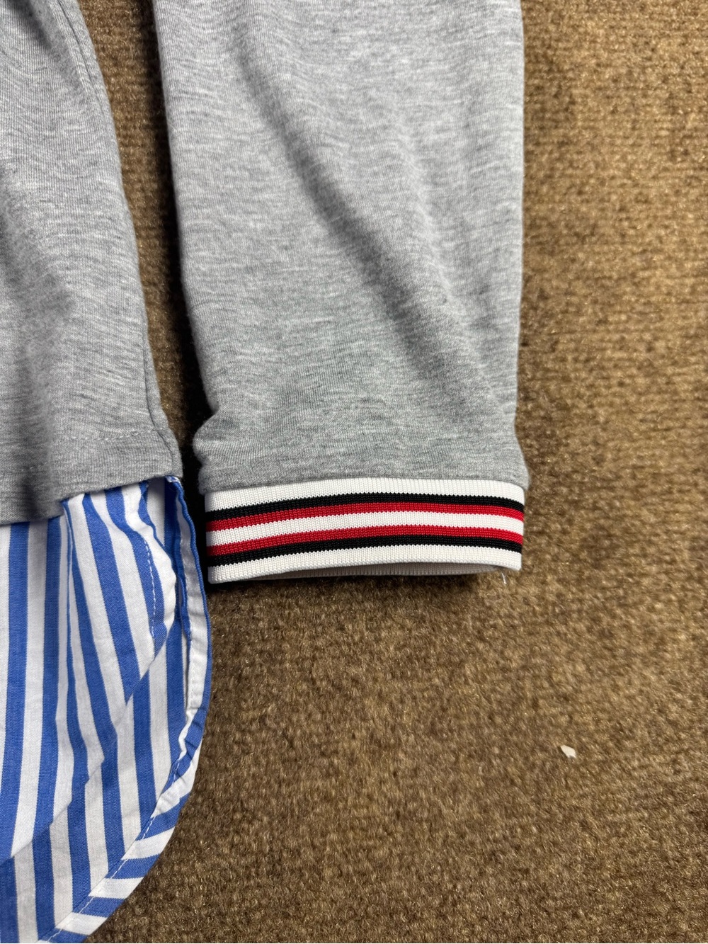 Sweater Top Gray Mixed Media Mock Layering Large Pullover Striped Hem Top - Picture 4 of 11